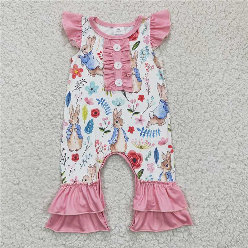 SR0198 Girls Rabbit Flower Purple Fly Sleeve Jumpsuit