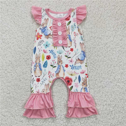 SR0198 Girls Rabbit Flower Purple Fly Sleeve Jumpsuit