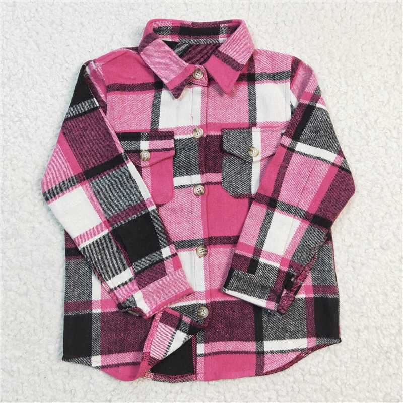 GT0104  Baby Girls Hotpink Plaid Long Sleeve button ups shirts tops