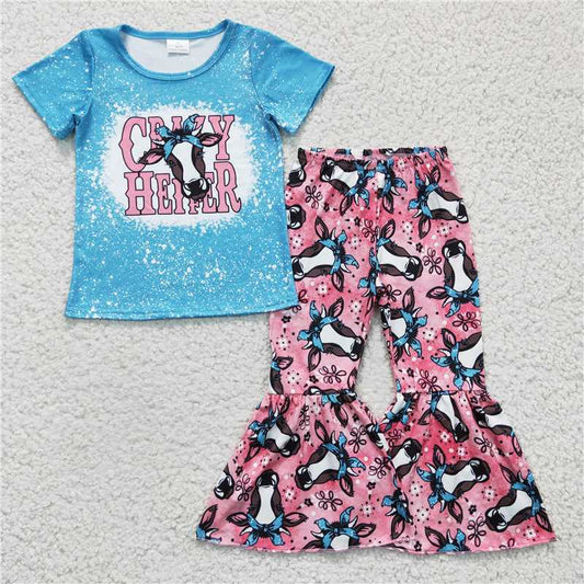 GSPO0415 Girls HEIFER cow blue short-sleeved trousers suit