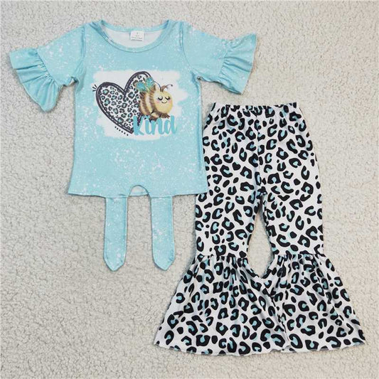 GSPO0360 Girls bee blue leopard print heart short-sleeved trousers suit