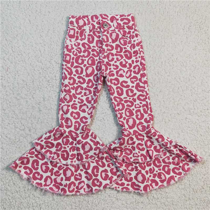 P0044  Baby Girls Pink Leopard Bell Pants Denim Jeans