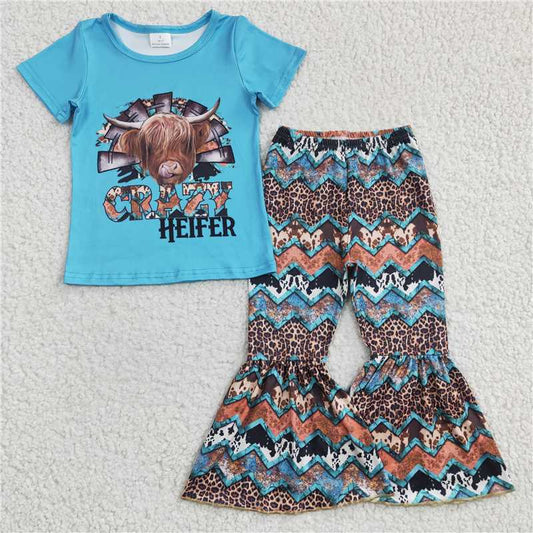 GSPO0372 Girls' CRAZY blue leopard print alpine cow short-sleeved trousers suit