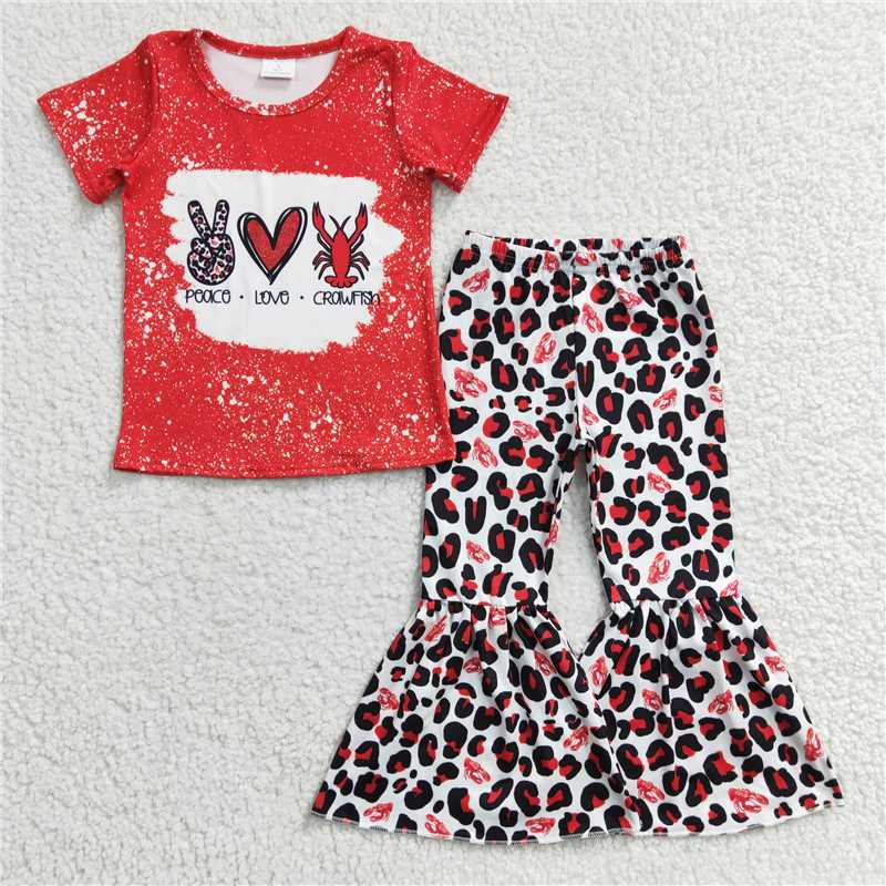 GSPO0432 Girls CRAWFISH heart short-sleeved red leopard print trousers suit