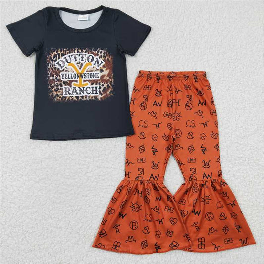 GSPO0433 Girls DUTTON leopard print black short-sleeve brown trousers suit
