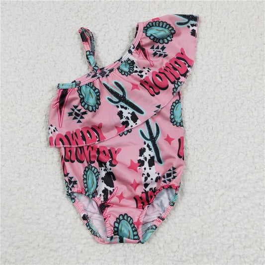 S0092  Baby Girls Howdy Turquoise Western One Piece Ruffle Swimsuits Bathing Suits