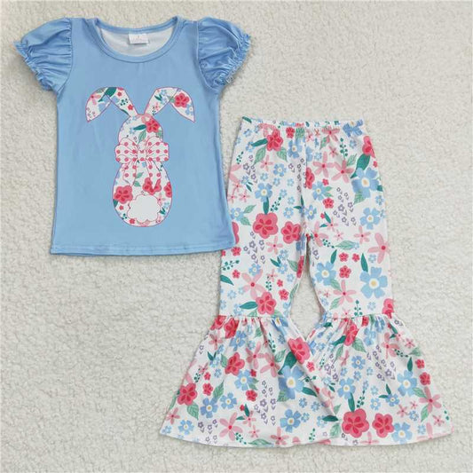 GSPO0460 Girls' flower bunny blue short-sleeved trousers suit