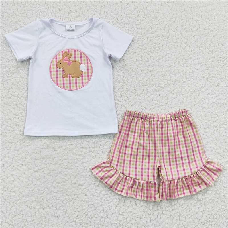 GSSO0158 Girls Embroidered Rabbit White Short Sleeve Plaid Shorts Suit