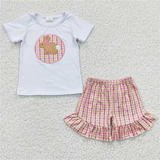 GSSO0158 Girls Embroidered Rabbit White Short Sleeve Plaid Shorts Suit