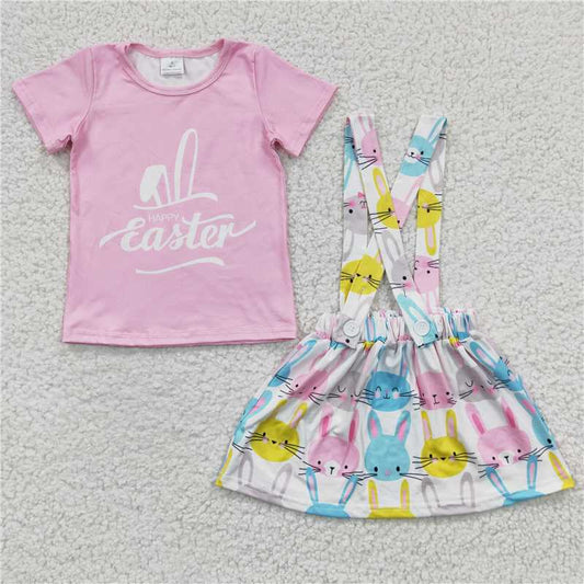 GSD0236 Girls Rabbit Pink Short Sleeve Suspender Skirt Suit