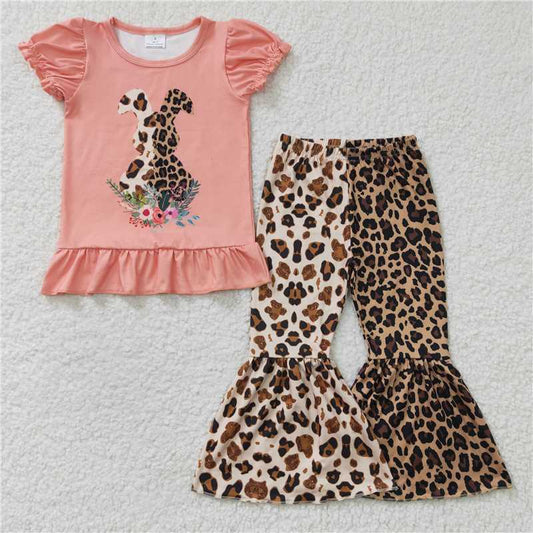 GSPO0261 Girls' leopard print rabbit orange short-sleeved trousers suit