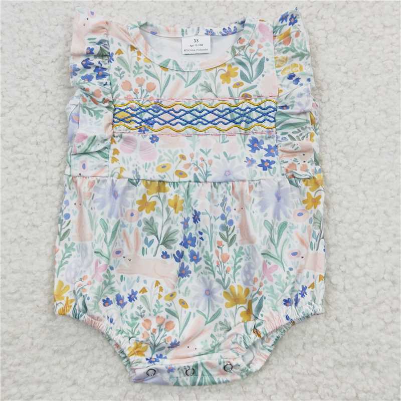 SR0262 Embroidery Baby Girls Floral Easter Rabbit Spring Rompers