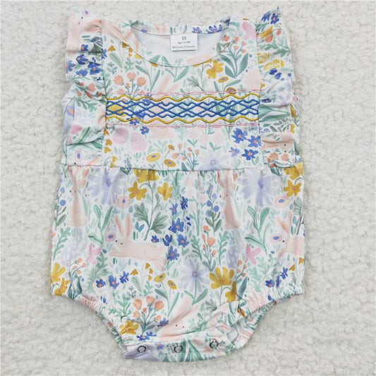 SR0262 Embroidery Baby Girls Floral Easter Rabbit Spring Rompers