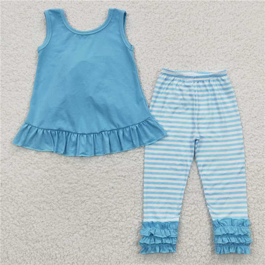 GSPO0505 Girls blue lace striped vest and trousers set