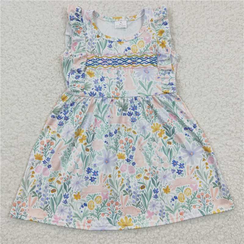 GSD0272 Embroidery Girls blue dress with embroidered bunny flowers and flying sleeves