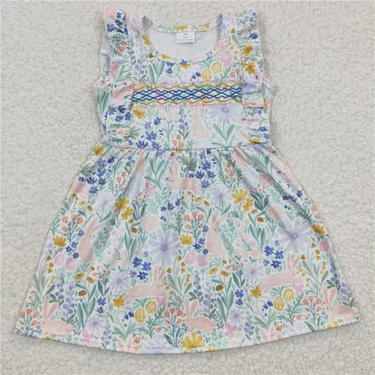 GSD0272 Embroidery Girls blue dress with embroidered bunny flowers and flying sleeves