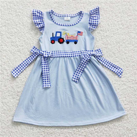 GSD0279 Embroidery National Day embroidered car and dog blue flying sleeve dress