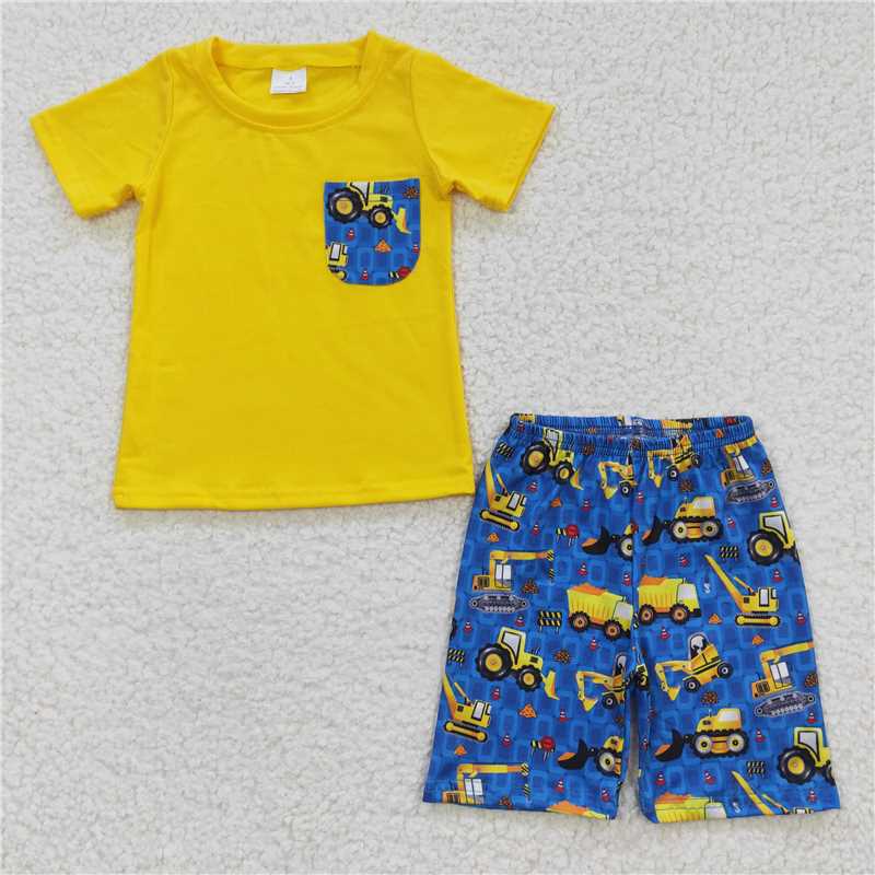 BSSO0183 Sales New RTS No Moq Promotion Baby Boys Summer Tractor Pockets Shorts Sets