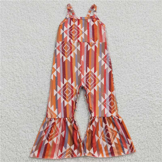 SR0252 RTS NO MOQ Baby Girls Summer Jumpsuits  Baby Girls Orange Aztec Strap Bell Bottom Jumpsuits
