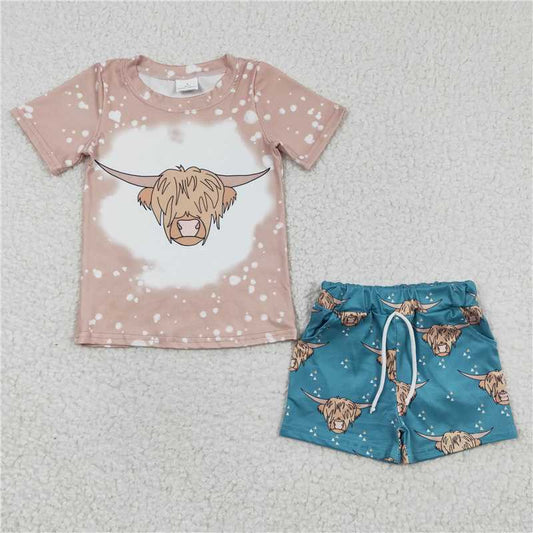BSSO0198 Baby Boys Khaki Highland Cow Summer Shorts Sets