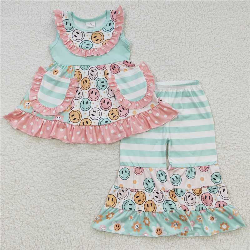 GSPO0503 Girls' green smiley face pocket sleeveless trouser suit