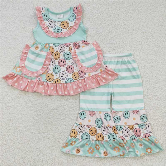 GSPO0503 Girls' green smiley face pocket sleeveless trouser suit