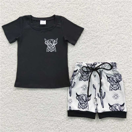BSSO0209 Baby Boys Western Cow Black Short Sleeve Tee Shirts Shorts Sets