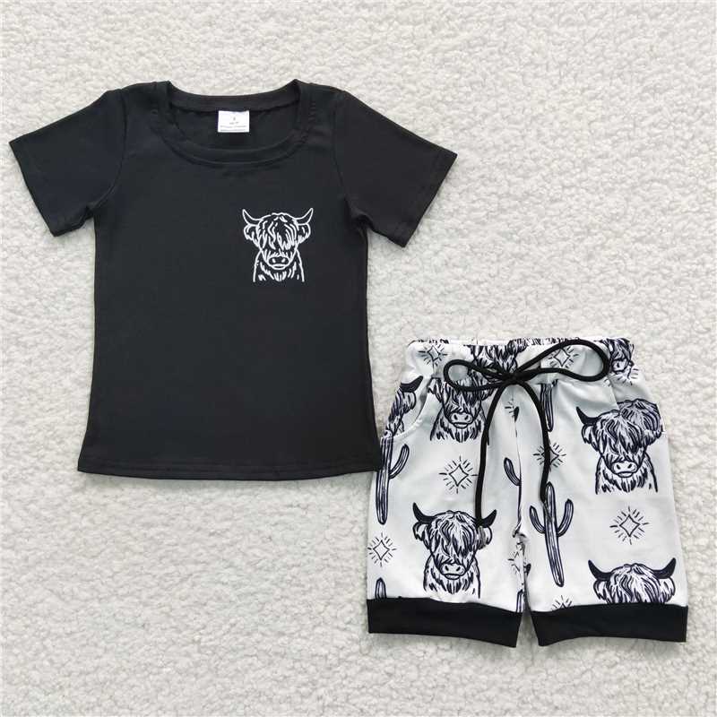 BSSO0209 Baby Boys Western Cow Black Short Sleeve Tee Shirts Shorts Sets