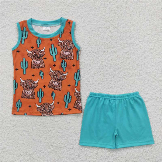 BSSO0211  Baby Boys Western Highland Cow Sleeveless Tee Shirts Shorts Sets