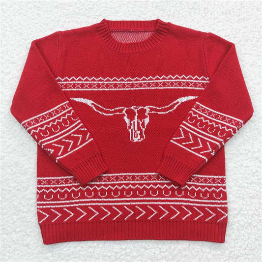 BT0218  Baby Girls Red Cow Western Long Sleeve Sweaters