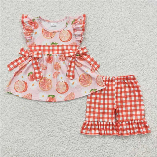 GSSO0239Orange floral tunic plaid shorts girls summer clothes