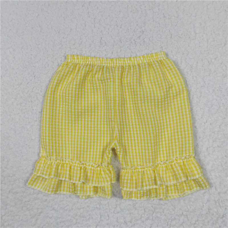 SS0065 Baby Girls Yellow Ruffle Plaid Seersucker Fabric Shorts