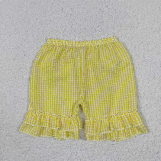 SS0065 Baby Girls Yellow Ruffle Plaid Seersucker Fabric Shorts