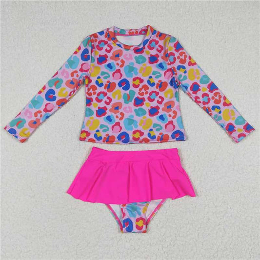 S0062  Baby Girls Colorful Leopard Long Sleeve Two Pieces Swimsuits