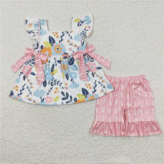 GSSO0241Flutter sleeves floral tunic ruffle shorts kids girls summer set