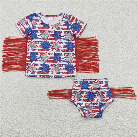 GBO0082 Baby Girls Star Tassel 4th Of July Bummie Sets