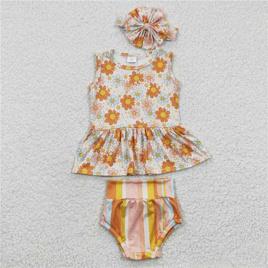 GBO0106  Baby Girls Flowers Print Stripe Bummie Clothes Sets