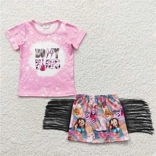 GSD0317 Dolly singer Dolly pink short-sleeved tassel half-length skirt suit