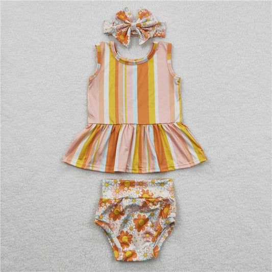 GBO0105  Stripe sleeveless peplum floral bummies baby girls set