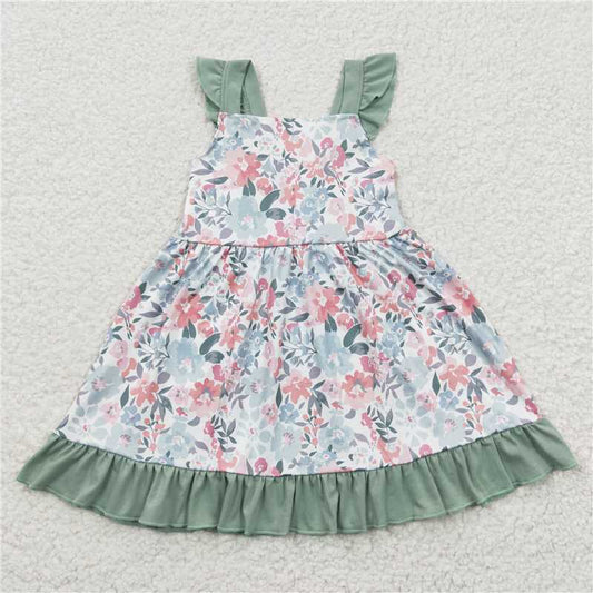 GSD0319  Baby Girls Green Floral Knee Length Dresses