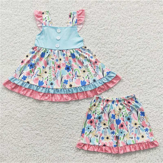 Baby Girls Summer Flowers Pearl Tunic Ruffle Shorts Clothes