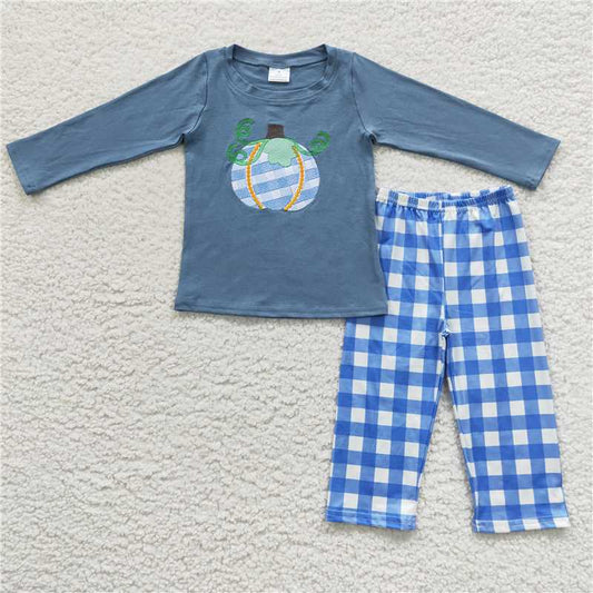 BLP0174Blue plaid pumpkin shirt pants kids boy fall clothes