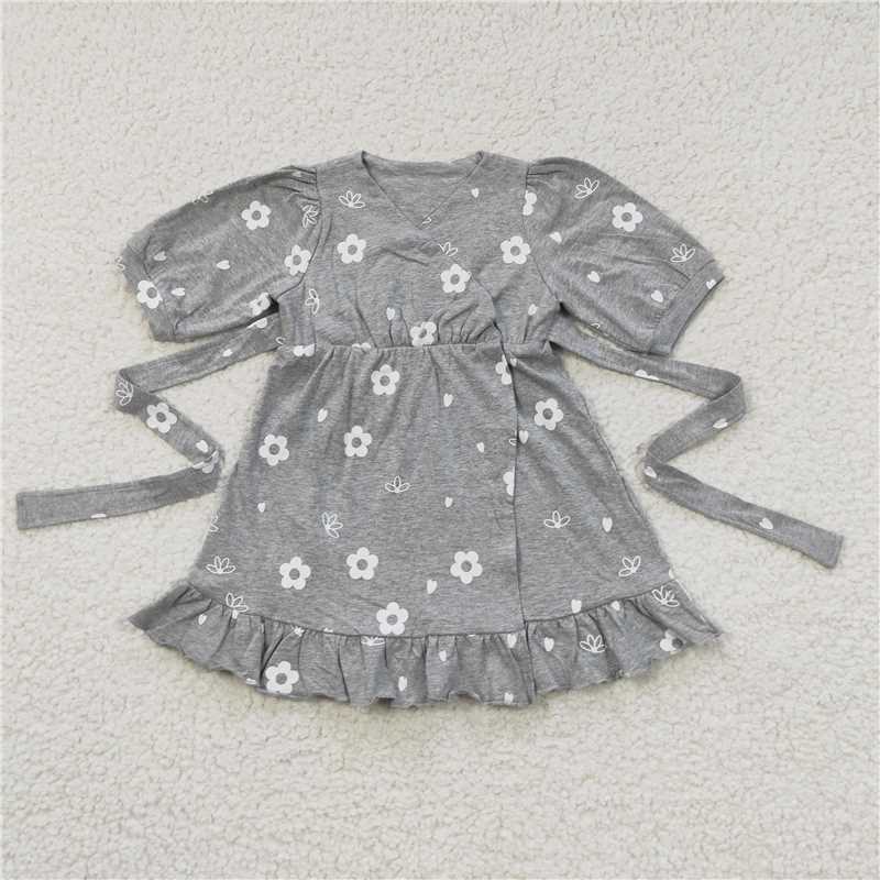 GSD0447 Gray floral knitted short-sleeved lace dress