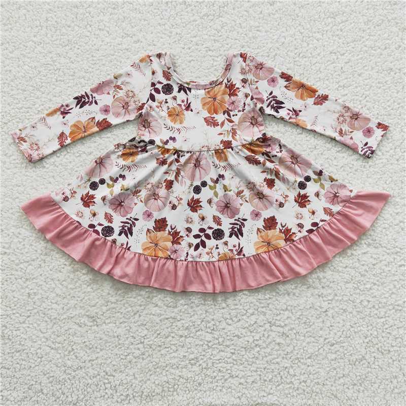 GLD0212  Baby Girls Pumpkin Flowers Long Sleeve Ruffle Knee Length Dresses