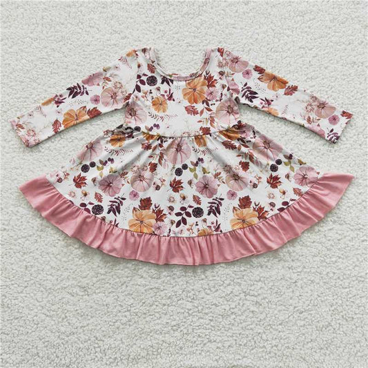 GLD0212  Baby Girls Pumpkin Flowers Long Sleeve Ruffle Knee Length Dresses