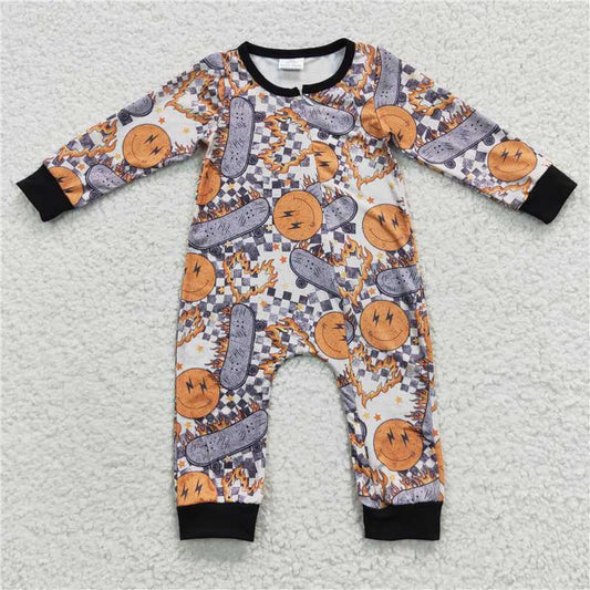 RTS LR0305 Smiley face skateboard plaid zip-up long-sleeved jumpsuit