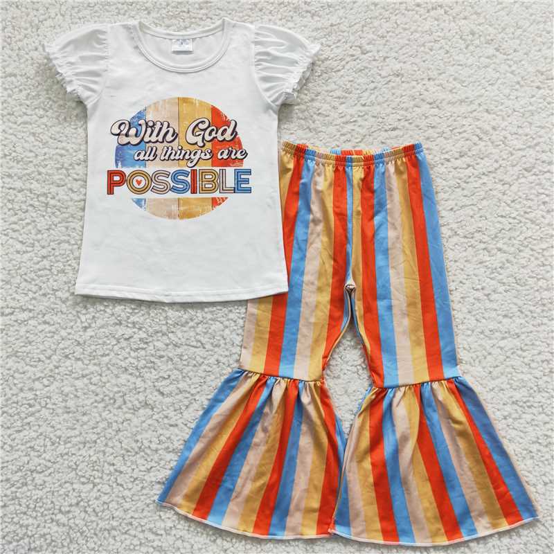 GSPO0684 possible lettering short-sleeved white top with colorful striped trousers