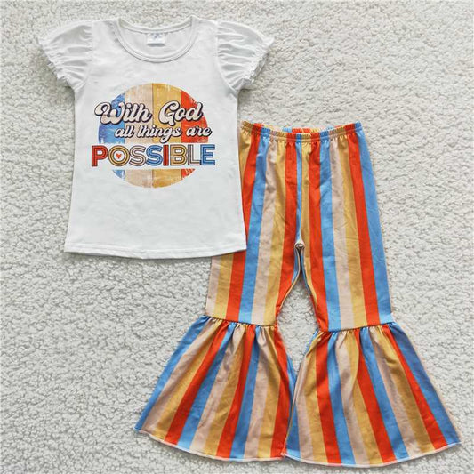 GSPO0684 possible lettering short-sleeved white top with colorful striped trousers