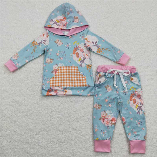 GLP0546 Baby Girls Ruffle Hoodie Floral Pants Clothes Sets