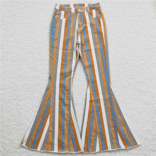 P0153  Adult Women Orange Grey Stripes denim bell pants Jeans